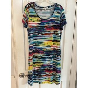 Spense Petite PXL Multicolor Abstract Paint Stroke Short Sleeve Stretch Knit